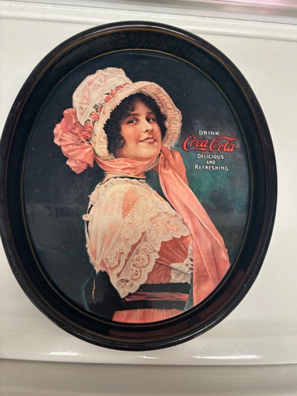 Coca-Cola Tin Tray Featuring Woman in Pink and Black